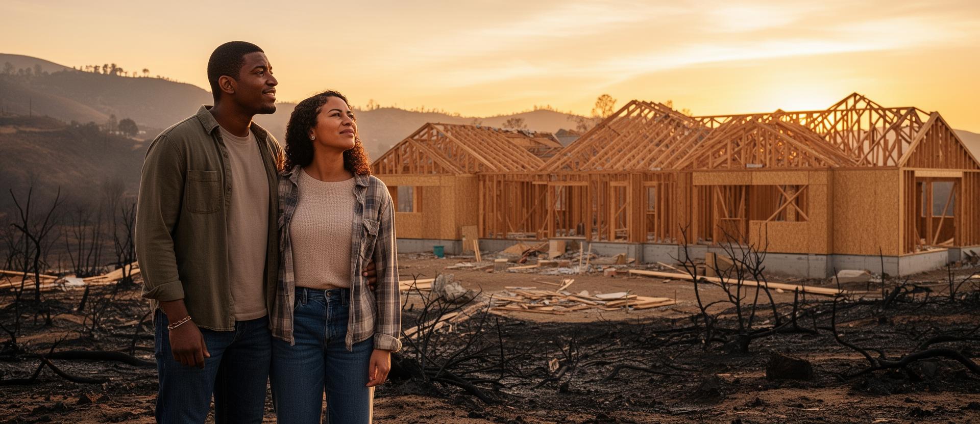Couple looking hopefully at their home being rebuilt after wildfire