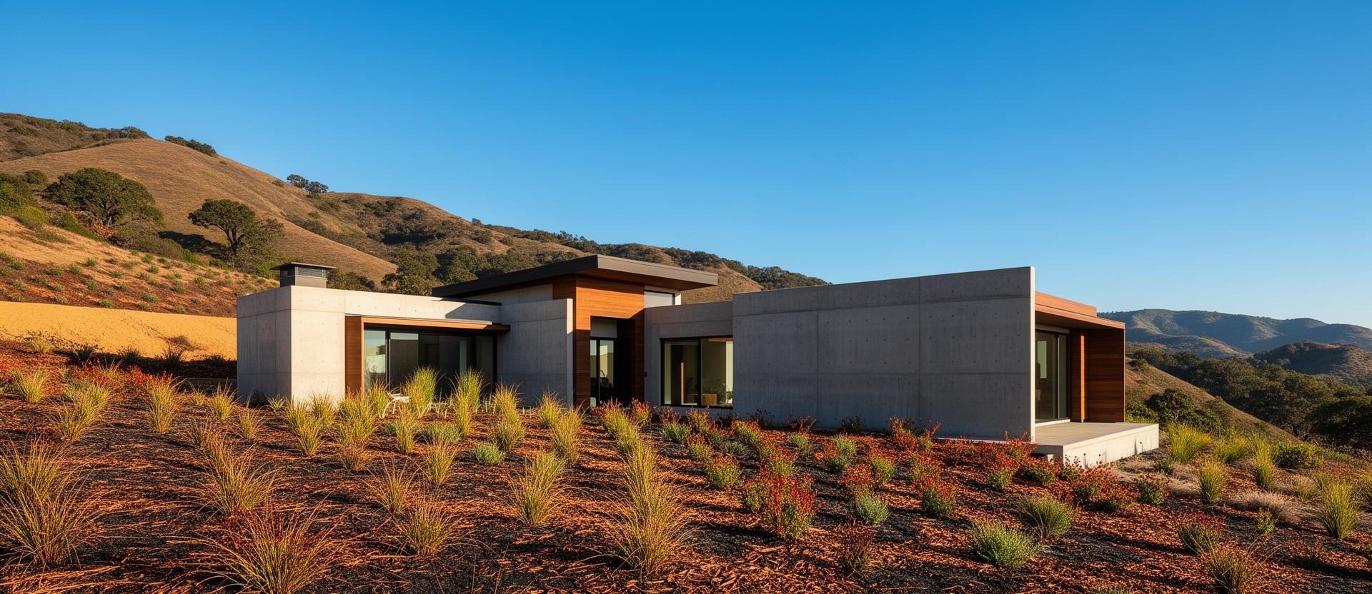 Modern fire-hardened home with defensible space in California