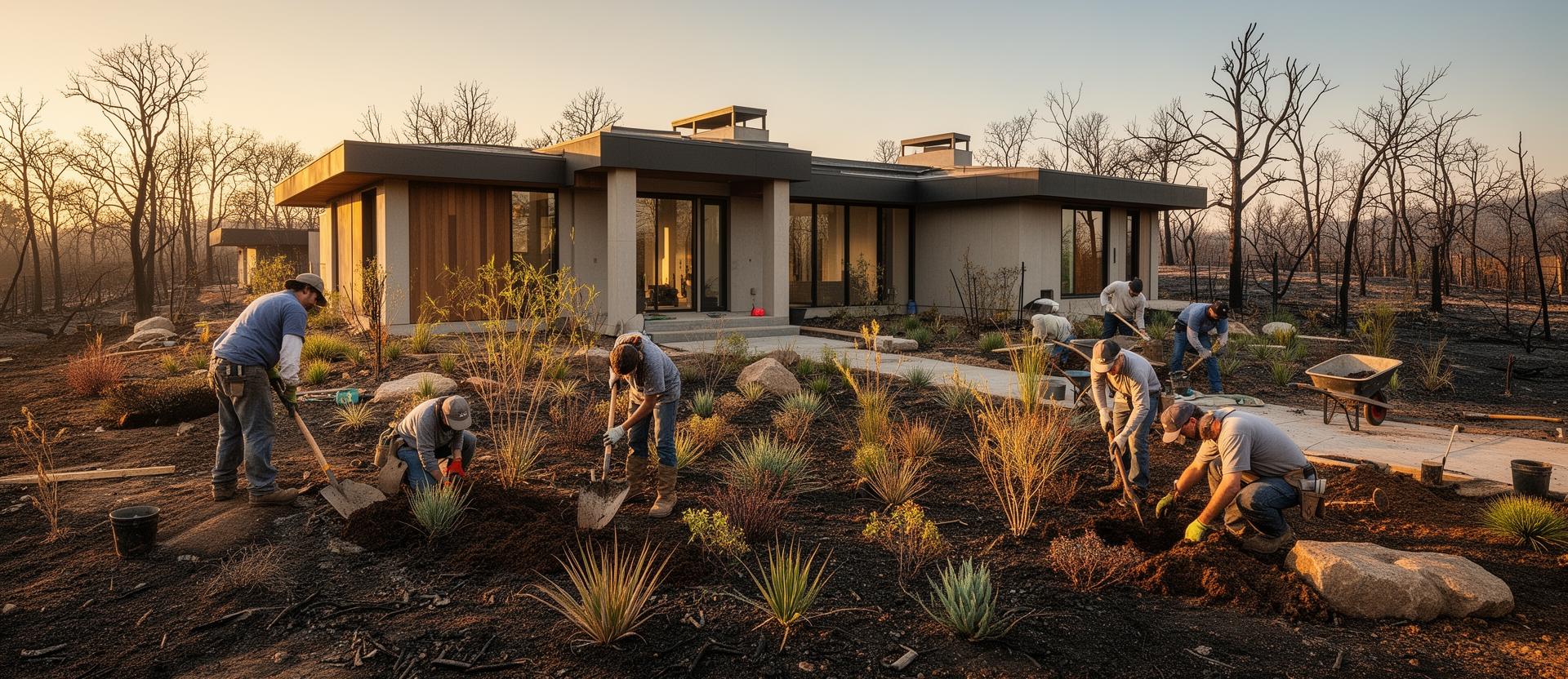 Fire-resistant landscaping being installed at rebuilt home